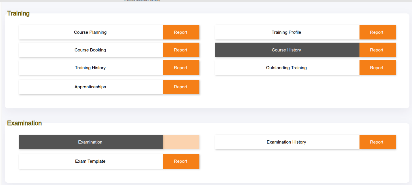 dMS Training and Competency menu showing course planning, profiles, histories and examinations